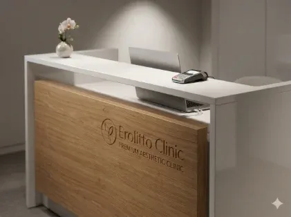 Close-up de um balcão de recepção de clínica de estética, mostrando o detalhe dos materiais, como madeira e laca branca, e a organização interna.